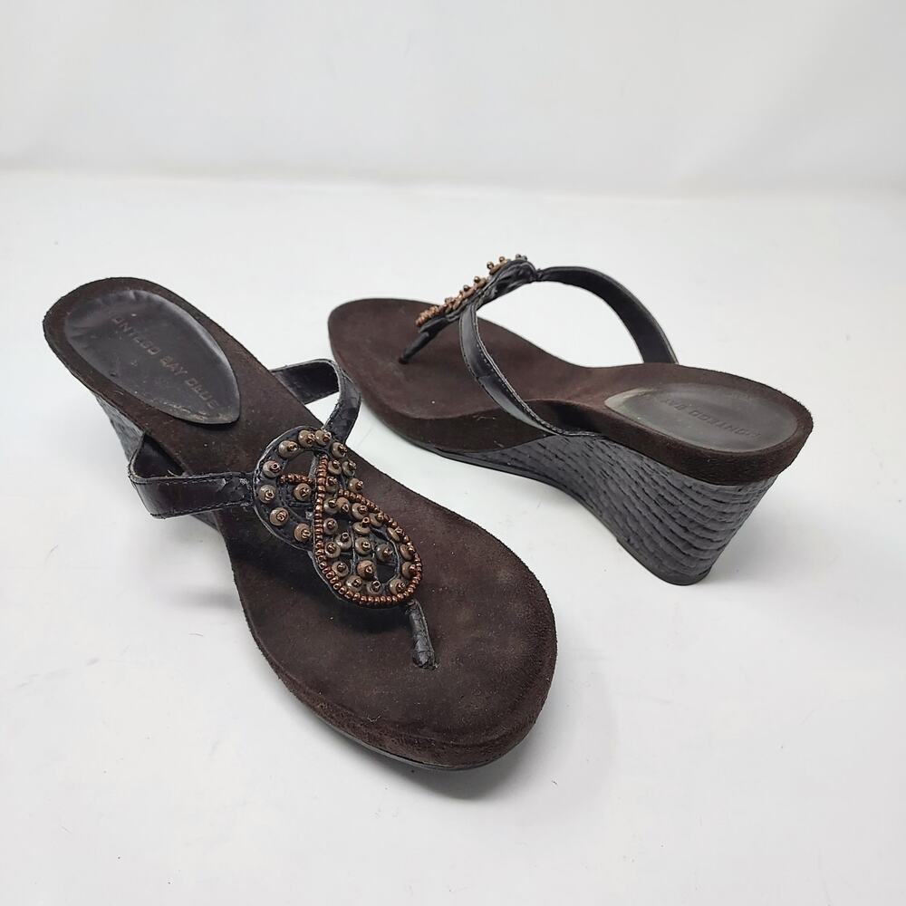 Montego Bay Club Wedge Brown Thong Sandals w/Bronze Beads Size 6.5